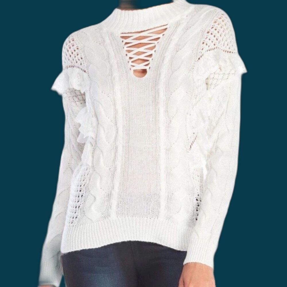 Torn by Ronny Kobo Women's Size XS Cream Paige Lace Up Ruffled Sweater $318